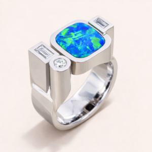 Bague Royale en Or Blanc, Opale Australienne et Diamants